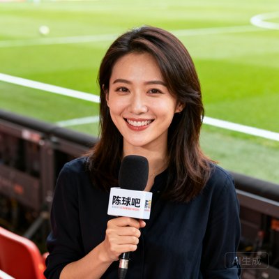 看球吧联合创始人陈雨桐的肖像照，女性媒体人面带微笑，手持采访话筒，背景是足球场边线