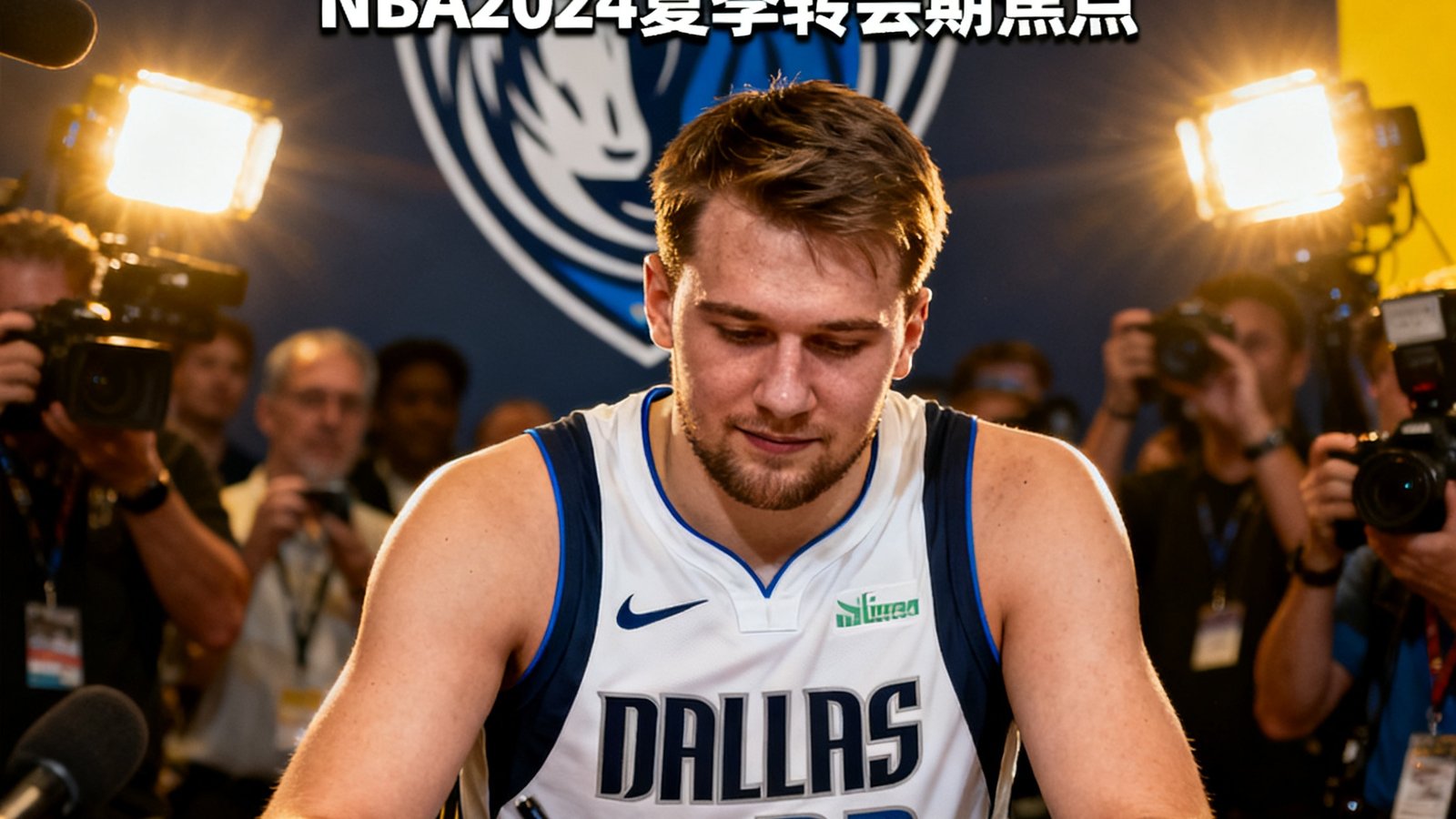 NBA重磅转会新闻封面图，东契奇身穿独行侠球衣在新闻发布会上签署续约合同，背景是球队标志和媒体闪光灯